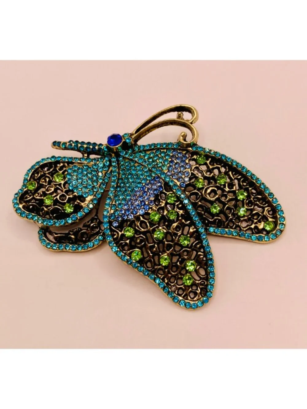Butterfly Brooch Pin Blue & Green Rhinestones Antique Gold-Tone Metal -60B